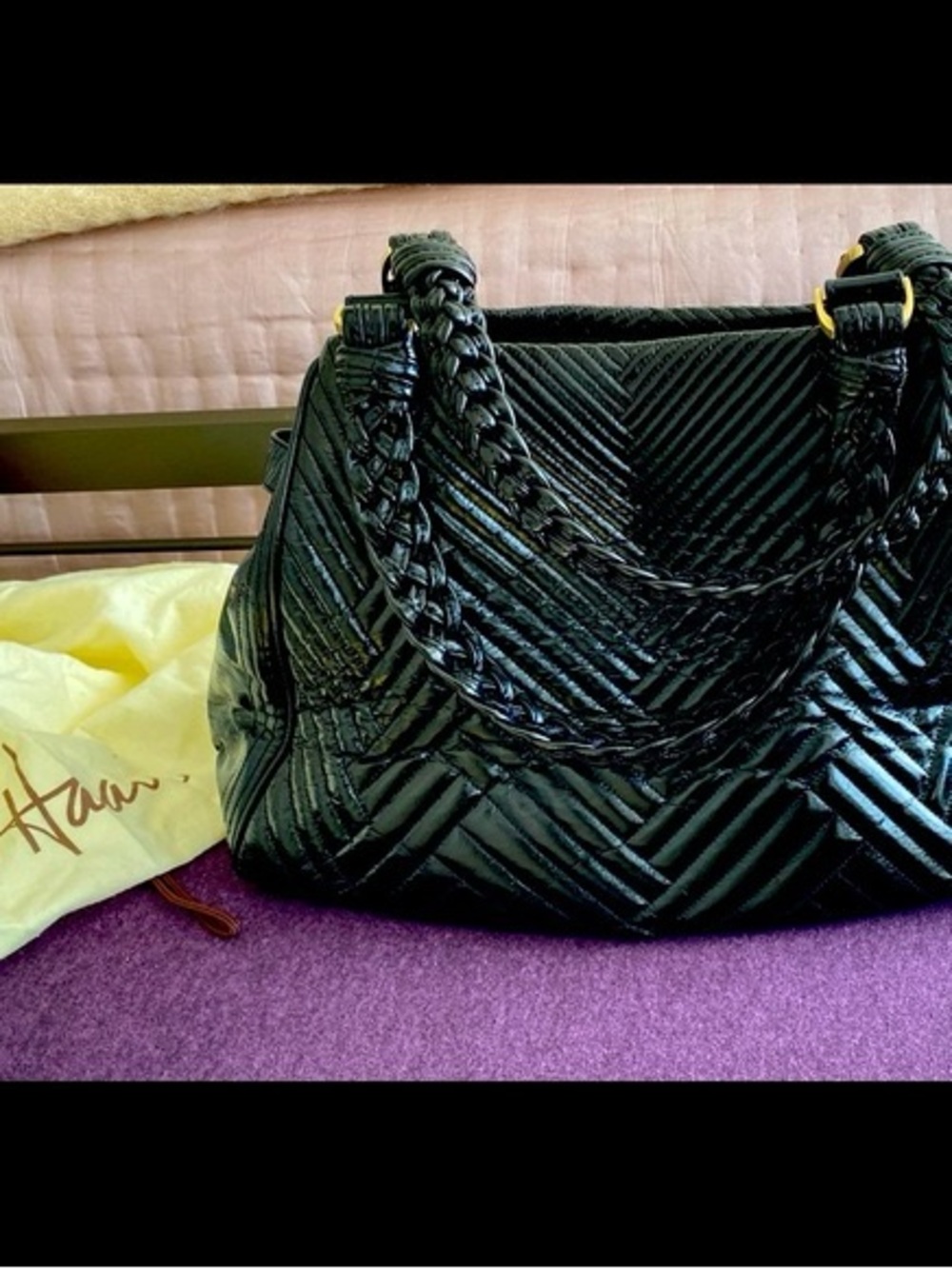 Cole Haan Laury Black Patent Leather Quilted Chevron Tote Bag Hobo Purse - Picture 6 of 7
